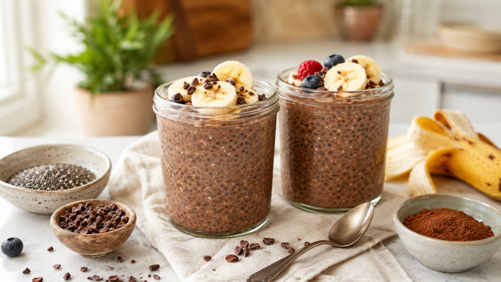 Schoko-Bananen-Chia-Pudding im Glas mit Bananenscheiben, Kakaonibs und Chiasamen als vorbereitete Frühstücksidee.