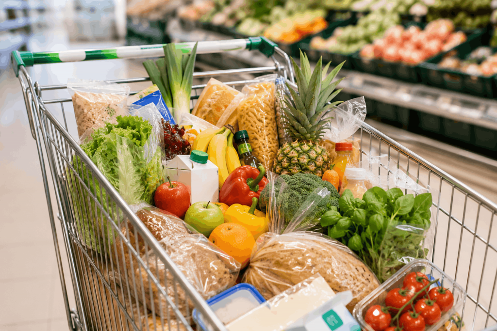 Gefüllter Einkaufswagen im Supermarkt mit frischem Obst, Gemüse, Brot und Vorratslebensmitteln für einen gut geplanten Großeinkauf.