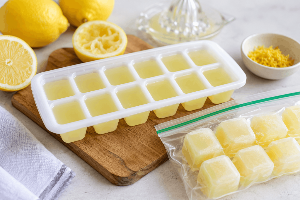 Lebensmittel einfrieren: Frischer Zitronensaft wird in einer Eiswürfelform portionsweise eingefroren, daneben liegen Zitronen und fertige Zitronenwürfel.