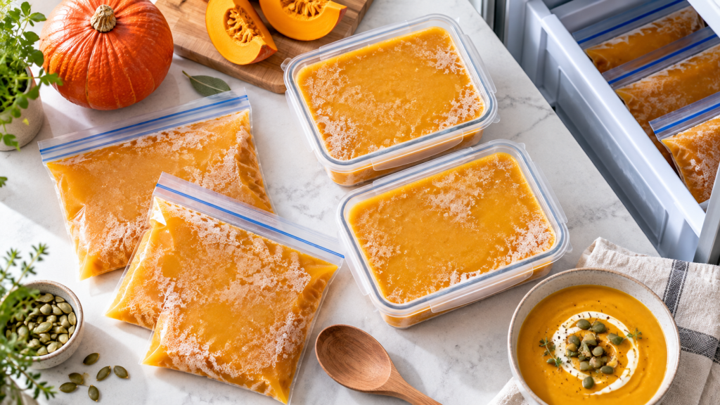 Eingefrorene Kürbissuppe portionsweise in Gefrierbeuteln und Vorratsdosen neben frischem Kürbis