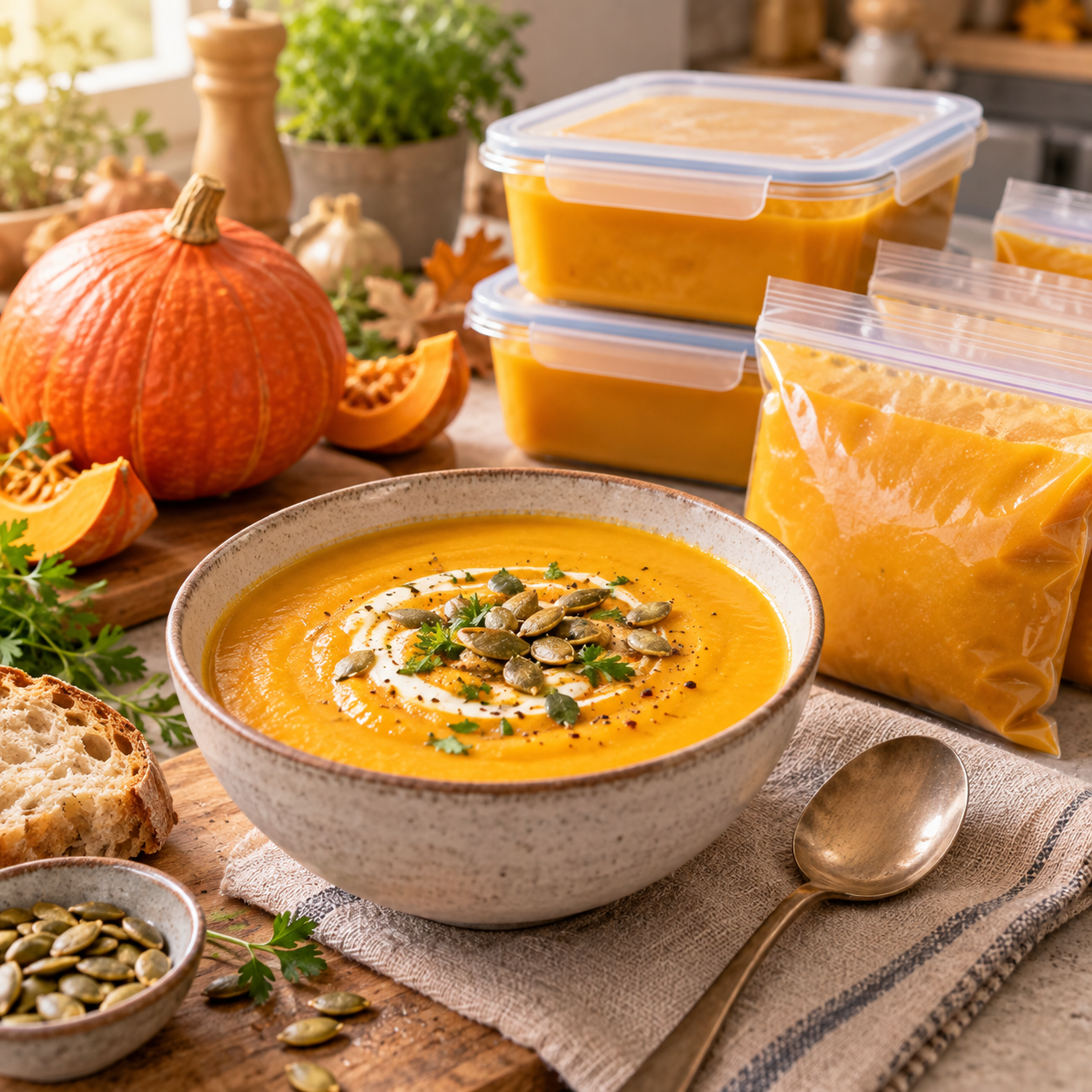 Cremige Kürbissuppe mit Kürbiskernen neben Vorratsdosen und eingefrorenen Portionen zum Einfrieren