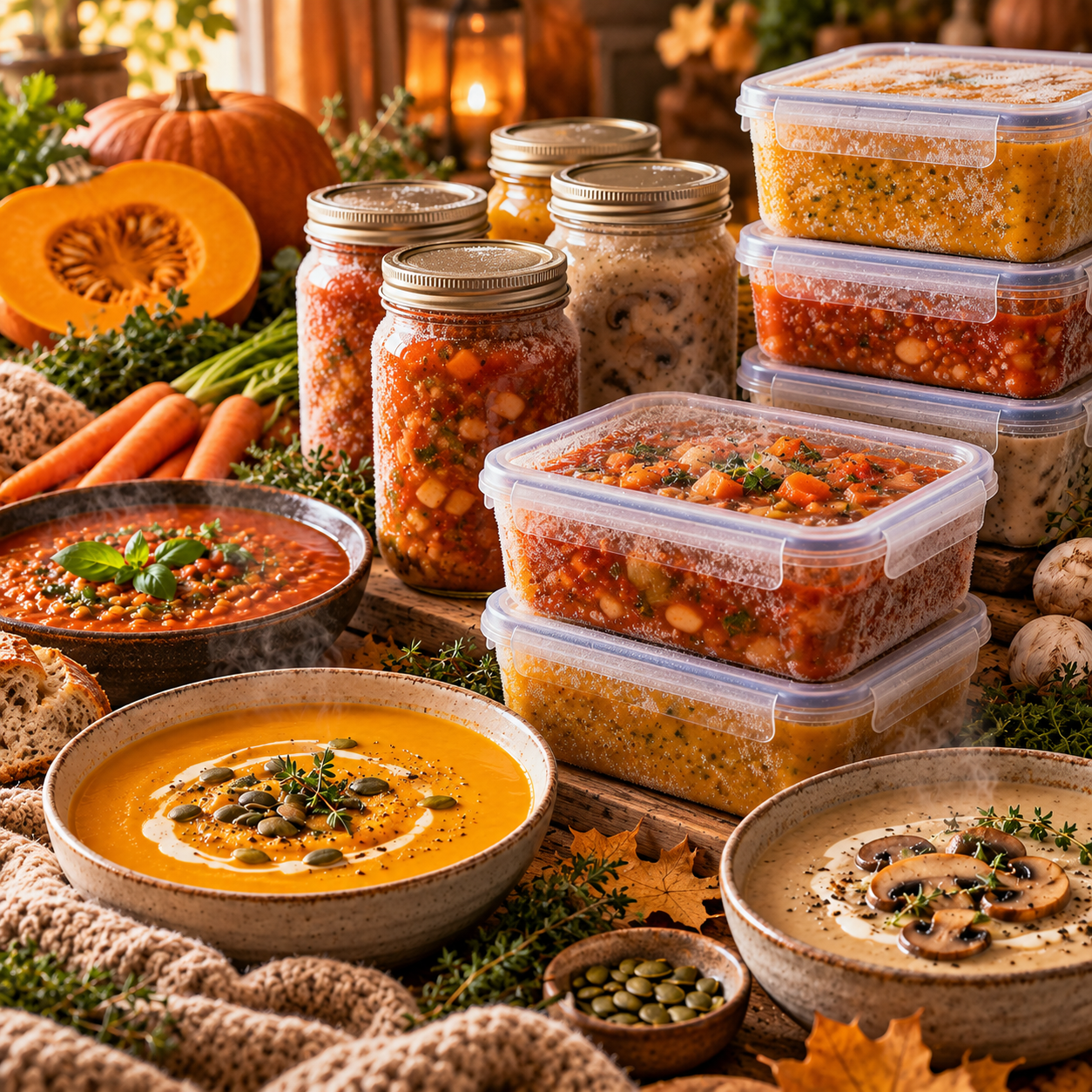 Meal-Prep-Suppen zum Einfrieren in Vorratsbehältern mit Kürbis, Gemüse und herbstlichen Zutaten.