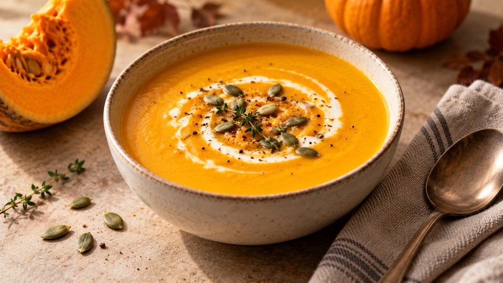 Cremige Kürbissuppe zum Einfrieren mit Kürbiskernen, Kräutern und frischem Kürbis.