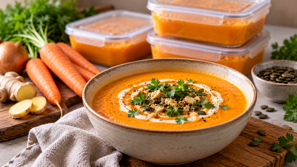 Karotten-Ingwer-Suppe zum Einfrieren mit frischen Karotten, Ingwer und portionierten Meal-Prep-Behältern im Hintergrund.
