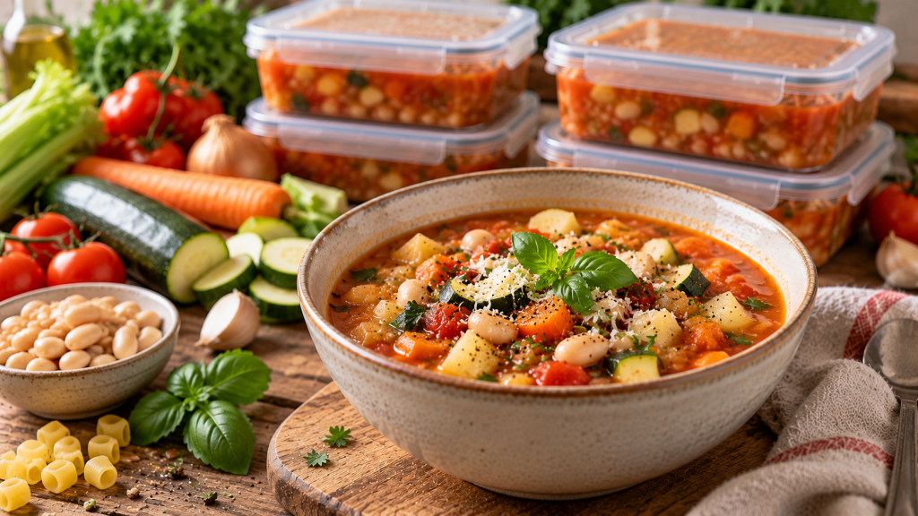 Minestrone mit weißen Bohnen, Gemüse und Kräutern, dahinter portionierte Meal-Prep-Behälter zum Einfrieren.