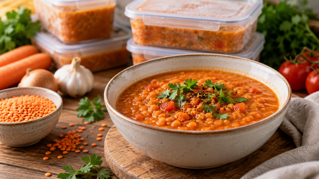 Rote Linsensuppe zum Einfrieren mit Möhren, Tomaten und Kräutern, dahinter portionierte Meal-Prep-Behälter.